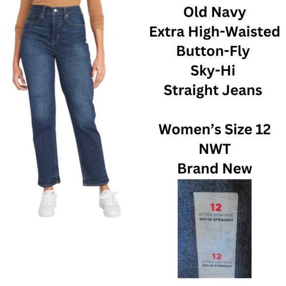 Old Navy Jeans Extra High-Waisted Button-Fly Sky-Hi Straight Women’s Size 12 NEW - Picture 1 of 12